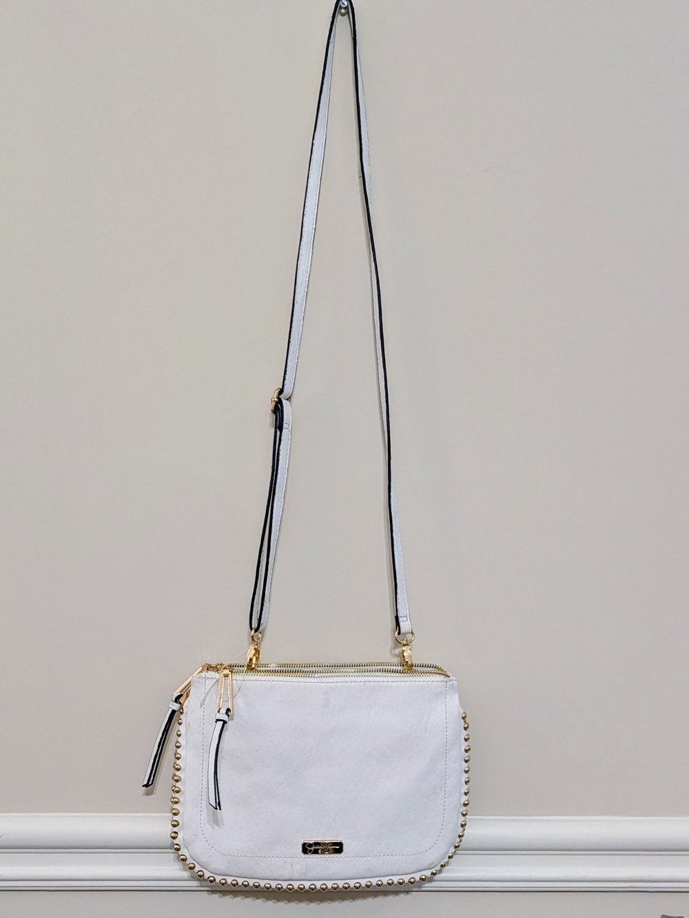 Jessica Simpson White Leather Crossbody Bag with Gold Studs